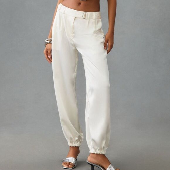 Anthropologie White Satin Jogger Track Pants 12 - Picture 1 of 9